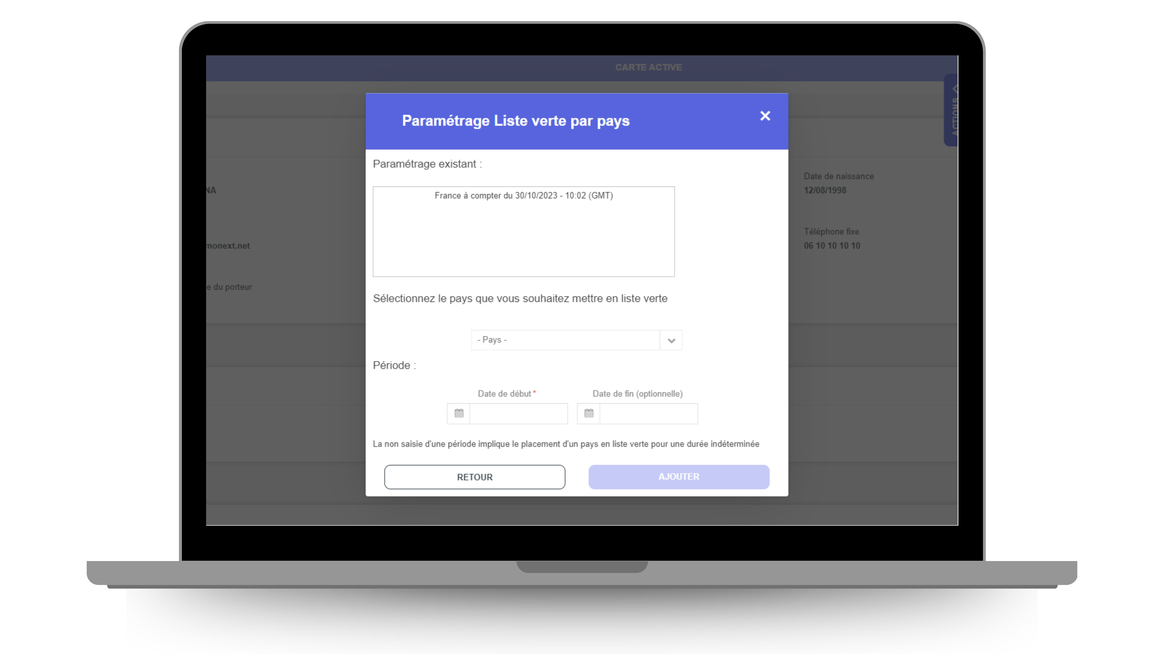 Mockup Paramétrage Liste verte par codes MCC